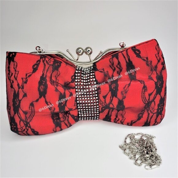 Red Satin Glitter Evening Purse With Large Bow Accent - Picture 1 of 13